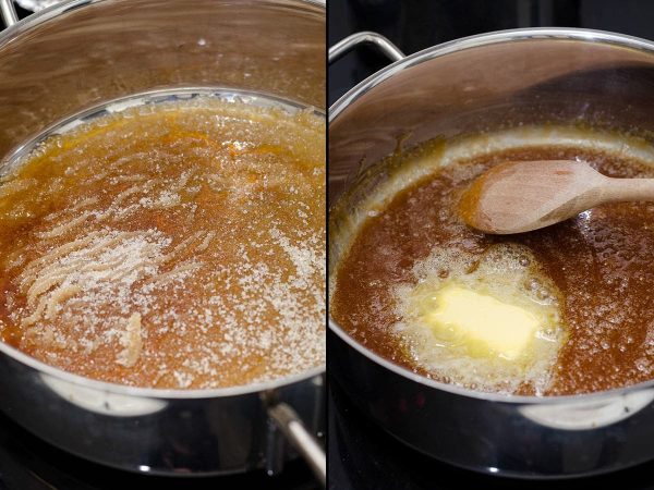 Karamelliseret sukker og smør til brunede kartofler